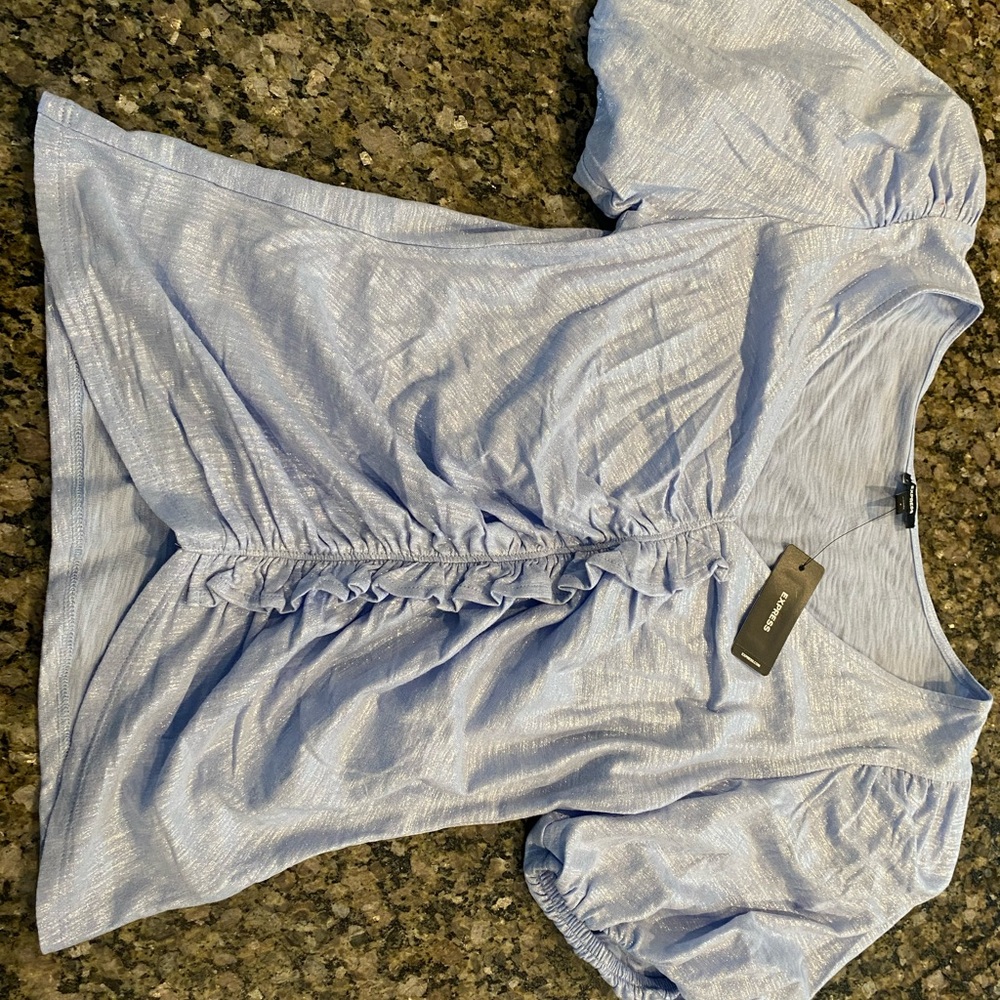 Express Blue Short Sleeve Ruched Blouse
